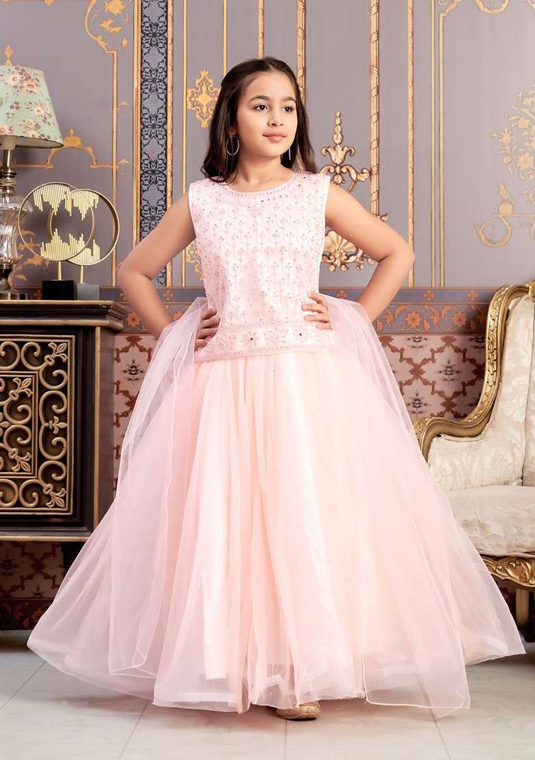 Peach Embroidered Blended Lehenga Choli For Girls - Indya