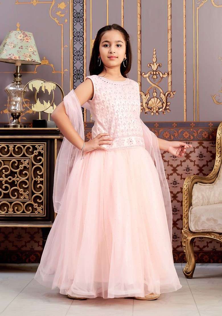 Peach Embroidered Blended Lehenga Choli For Girls - Indya