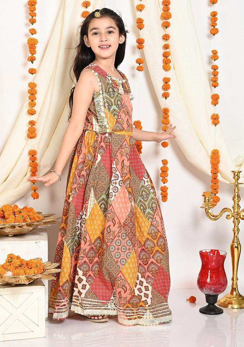 White Printed Blended Lehenga Choli For Girls - Indya