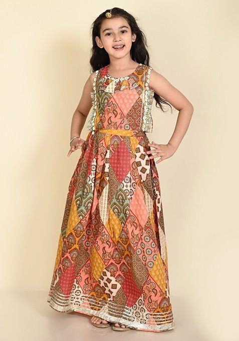 White Printed Blended Lehenga Choli For Girls