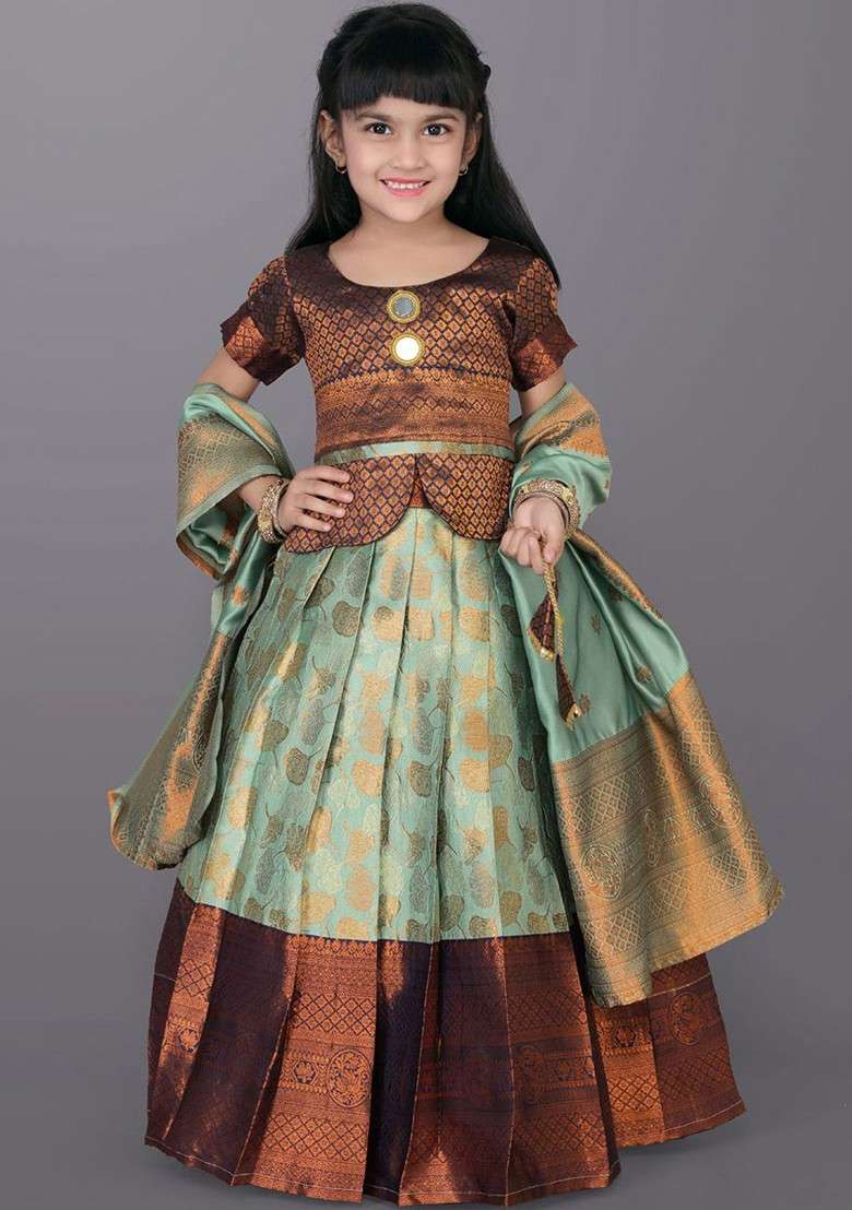 Sea Green Embroidered Blended Lehenga Choli For Girls - Indya