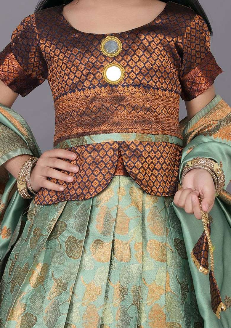 Sea Green Embroidered Blended Lehenga Choli For Girls - Indya
