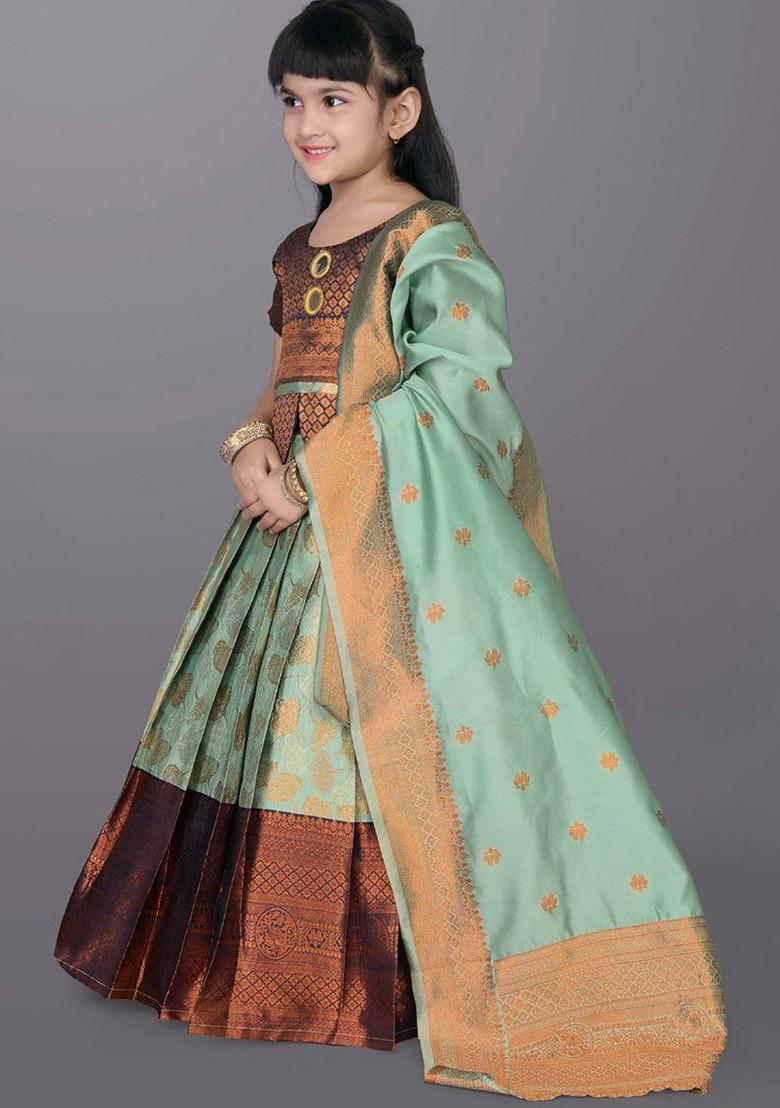 Sea Green Embroidered Blended Lehenga Choli For Girls - Indya