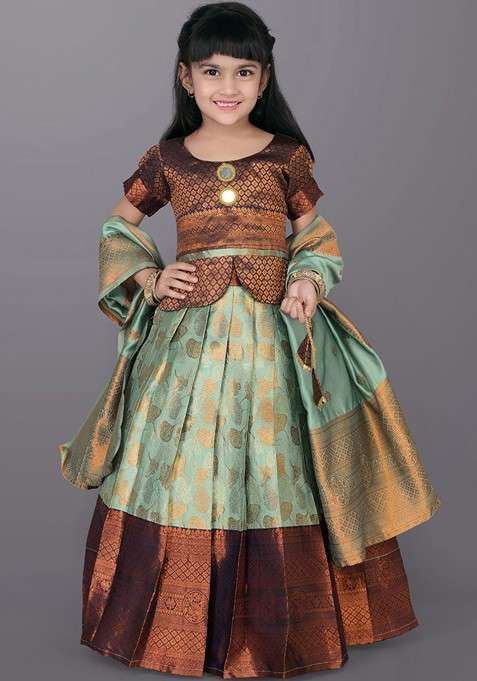 Sea Green Embroidered Blended Lehenga Choli For Girls