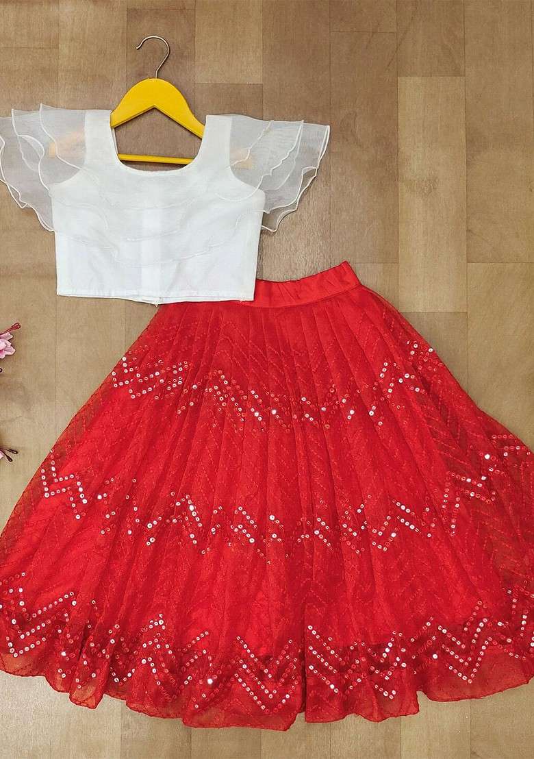 Red Embellished Blended Lehenga Choli For Girls - Indya