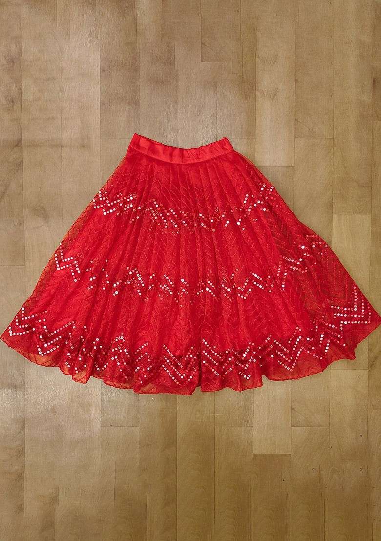 Red Embellished Blended Lehenga Choli For Girls - Indya