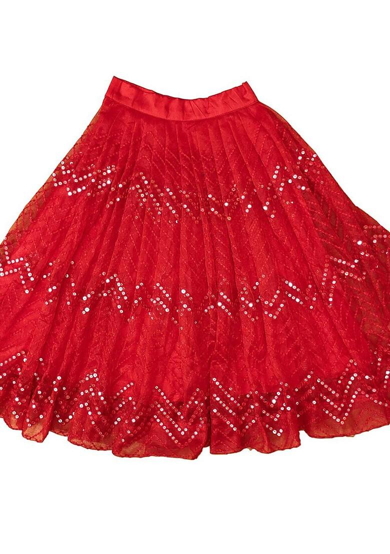 Red Embellished Blended Lehenga Choli For Girls - Indya