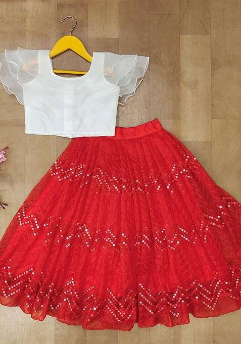 Red Embellished Blended Lehenga Choli For Girls