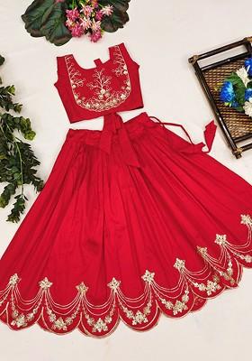 Red Embroidered Blended Lehenga Choli For Girls