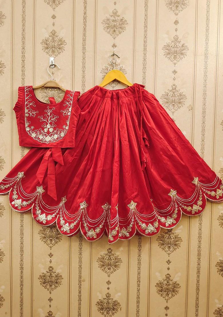 Red Embroidered Blended Lehenga Choli For Girls - Indya