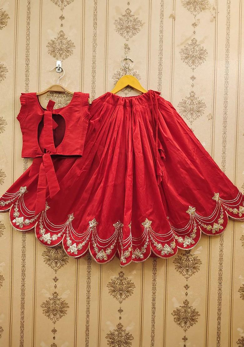 Red Embroidered Blended Lehenga Choli For Girls - Indya