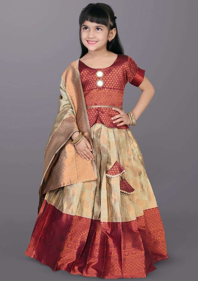 Beige Embroidered Blended Lehenga Choli For Girls - Indya