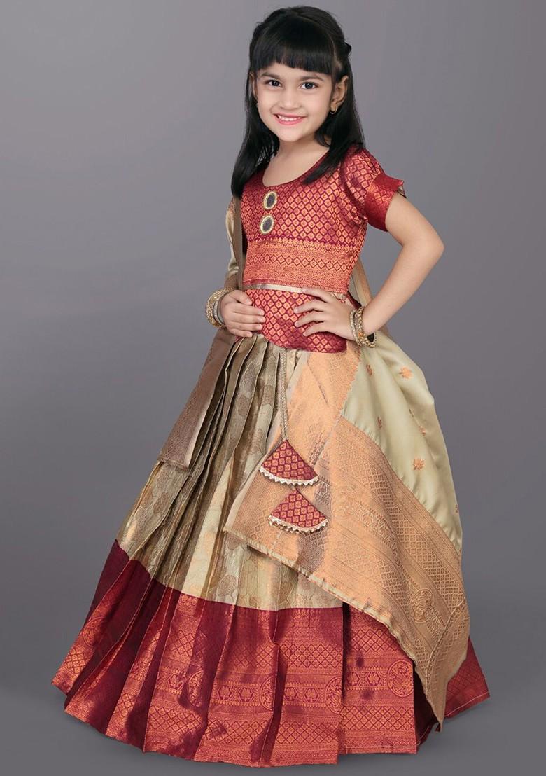 Beige Embroidered Blended Lehenga Choli For Girls - Indya