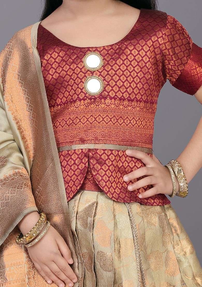 Beige Embroidered Blended Lehenga Choli For Girls - Indya