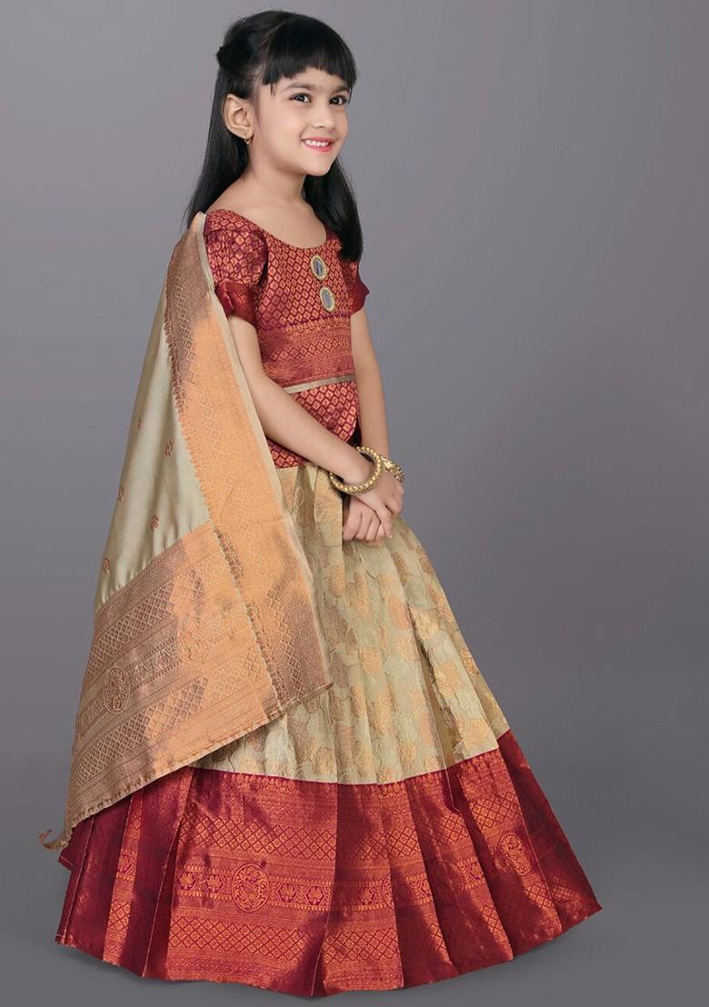 Beige Embroidered Blended Lehenga Choli For Girls - Indya