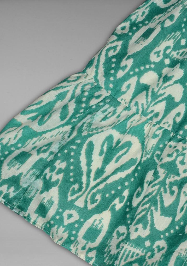 Green Printed Blended Lehenga Choli For Girls - Indya