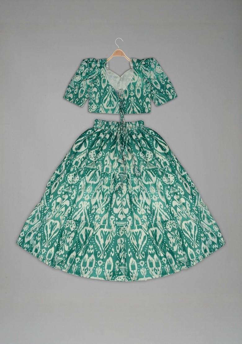 Green Printed Blended Lehenga Choli For Girls - Indya