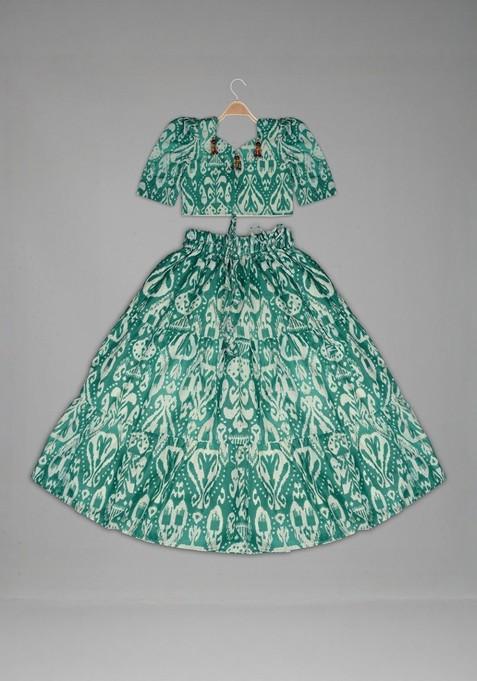 Green Printed Blended Lehenga Choli For Girls — view on Indya