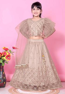 Beige Embroidered Blended Lehenga Choli For Girls