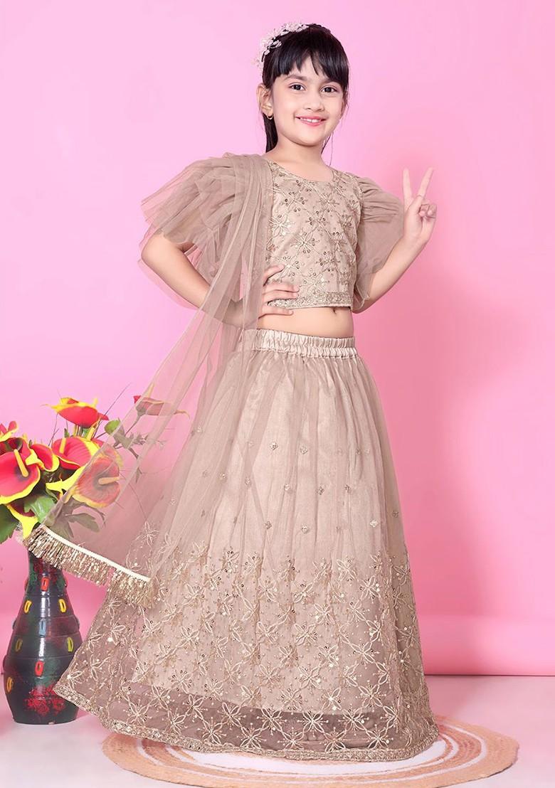Beige Embroidered Blended Lehenga Choli For Girls - Indya