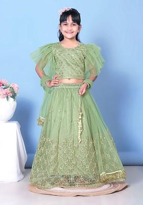 Lime Green Embroidered Net Lehenga Choli For Girls