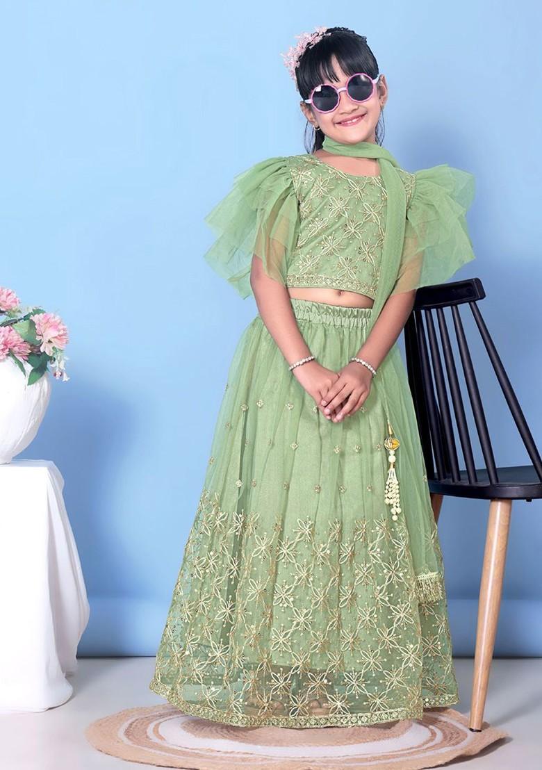 Lime Green Embroidered Net Lehenga Choli For Girls - Indya