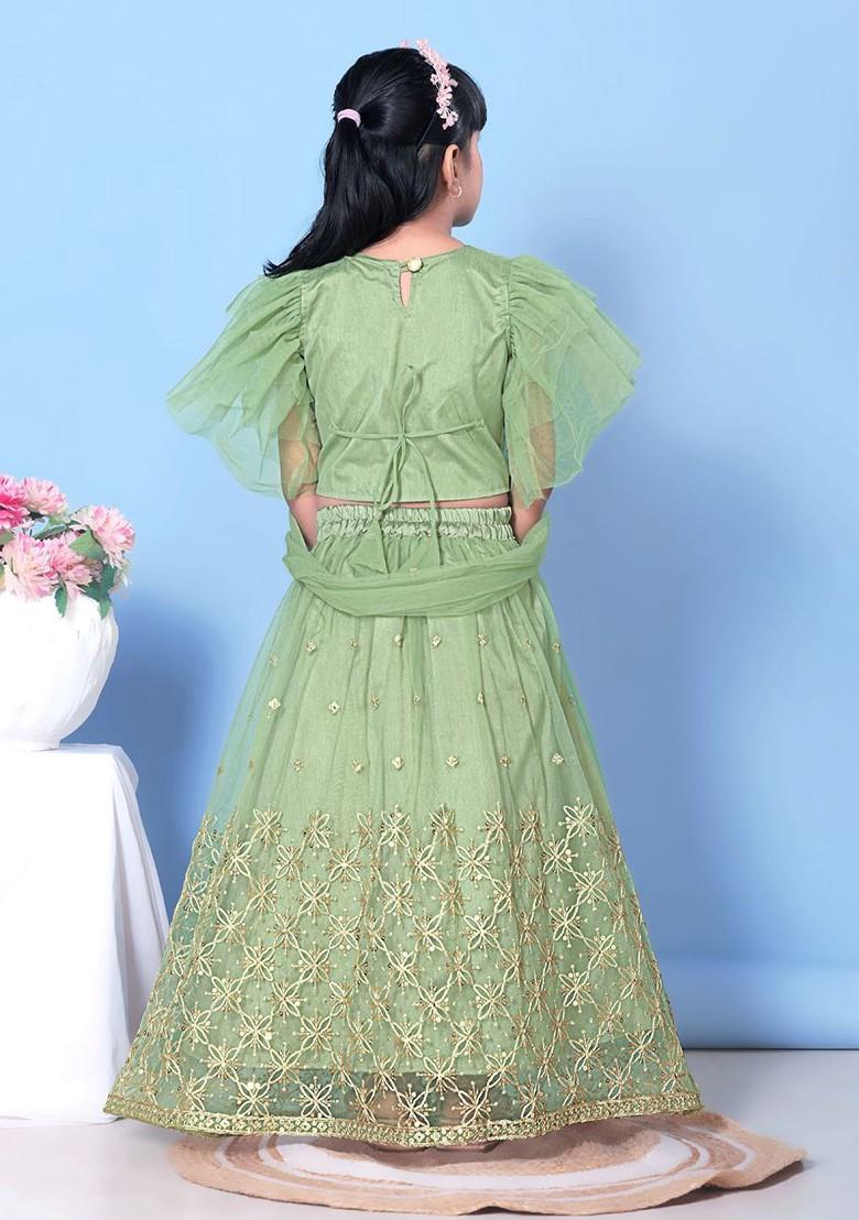 Lime Green Embroidered Net Lehenga Choli For Girls - Indya