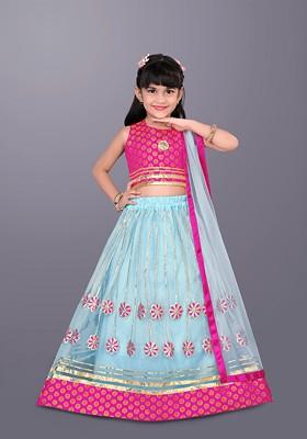 Sea Green Embroidered Blended Lehenga Choli For Girls