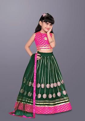 Green Embroidered Net Lehenga Choli For Girls