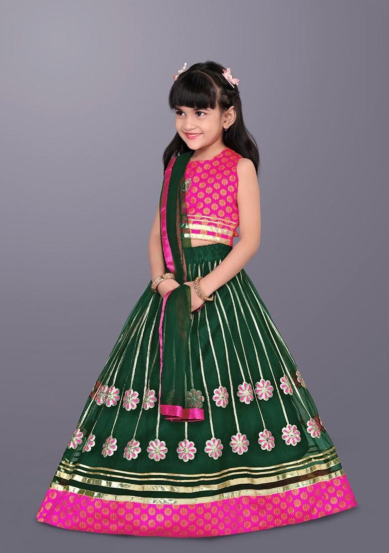 Green Embroidered Net Lehenga Choli For Girls - Indya