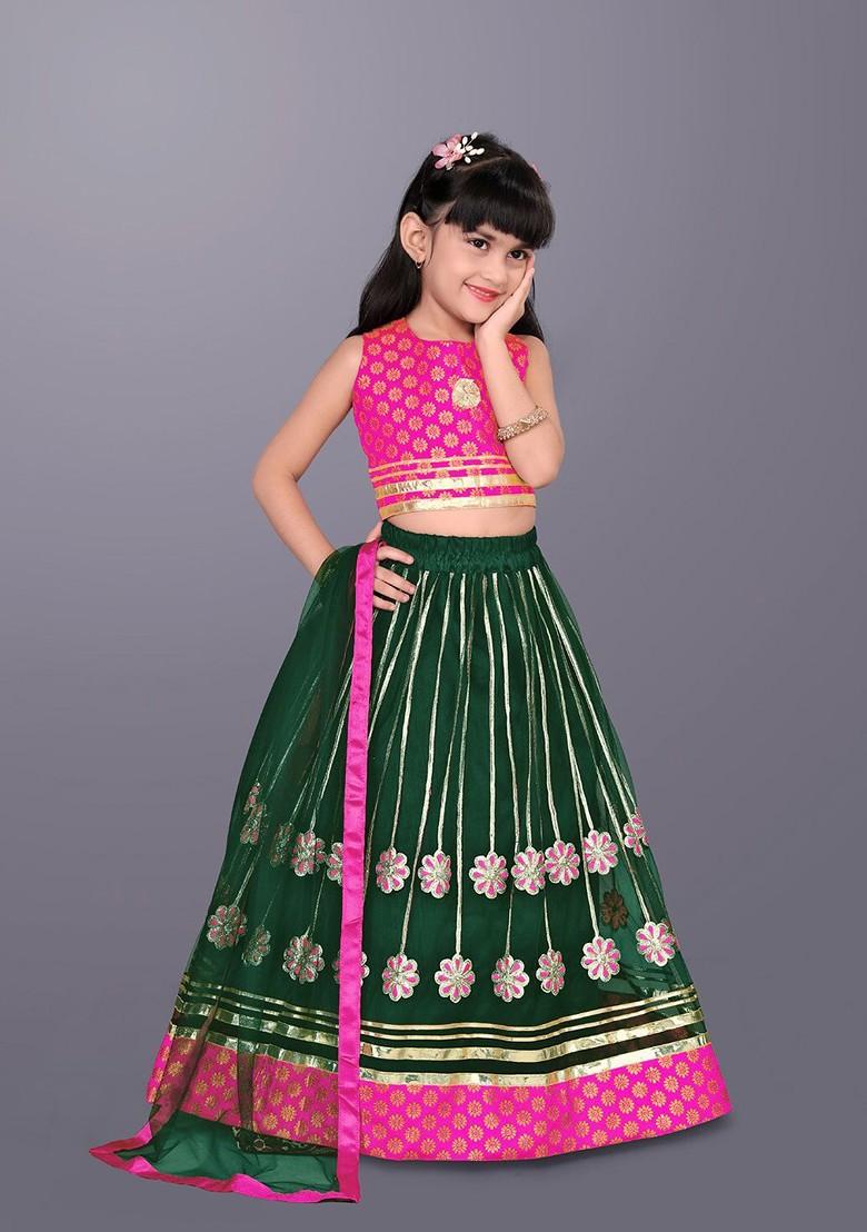Green Embroidered Net Lehenga Choli For Girls - Indya