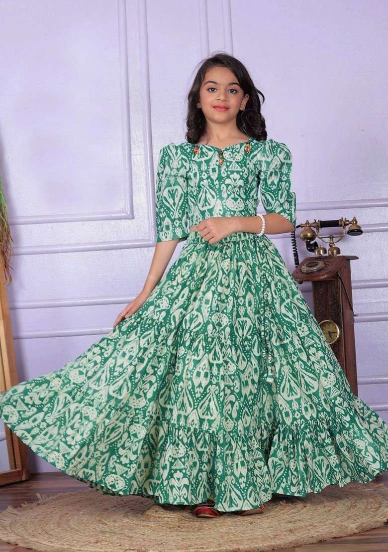Green Printed Cotton Blend Lehenga Choli For Girls - Indya