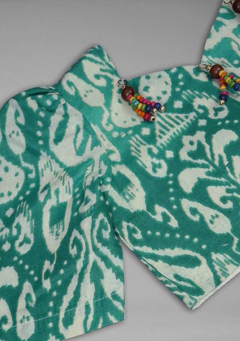 Green Printed Cotton Blend Lehenga Choli For Girls - Indya