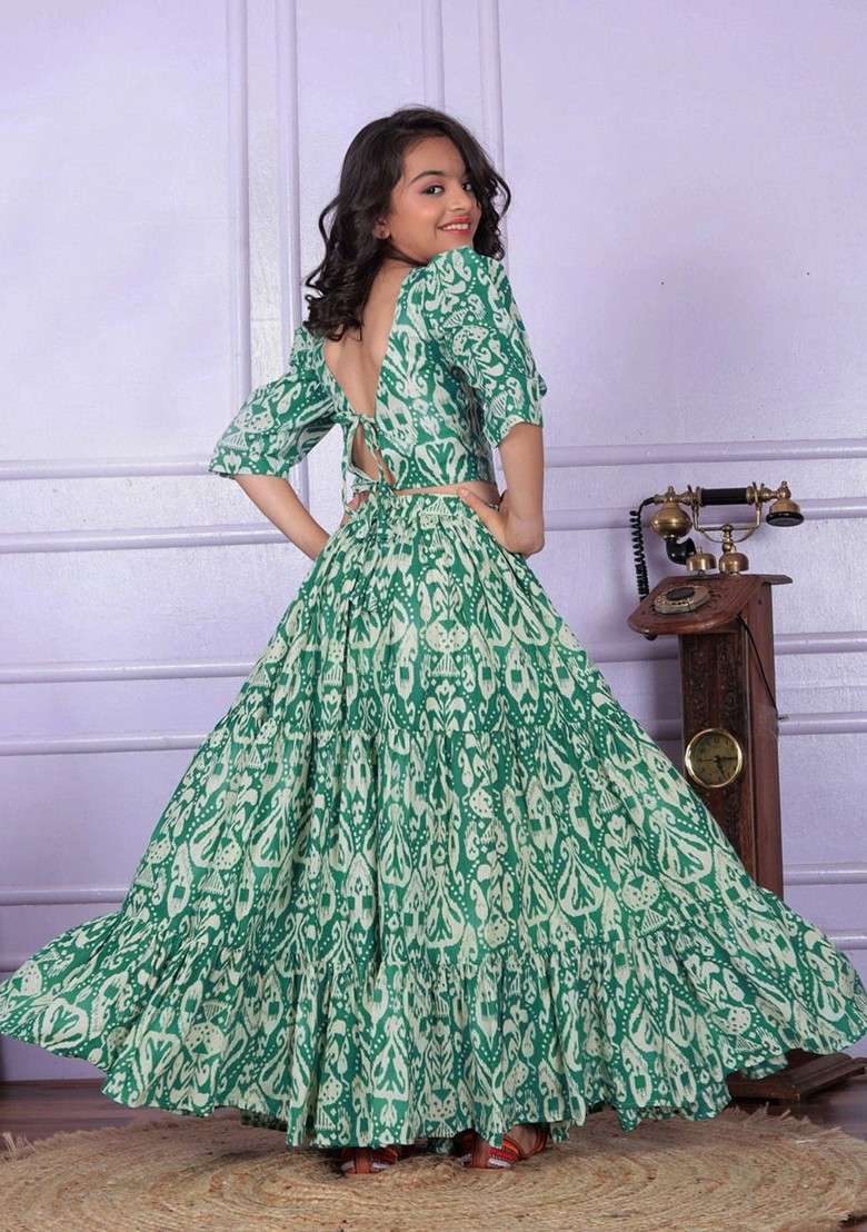 Green Printed Cotton Blend Lehenga Choli For Girls - Indya
