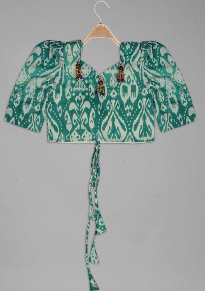 Green Printed Cotton Blend Lehenga Choli For Girls - Indya