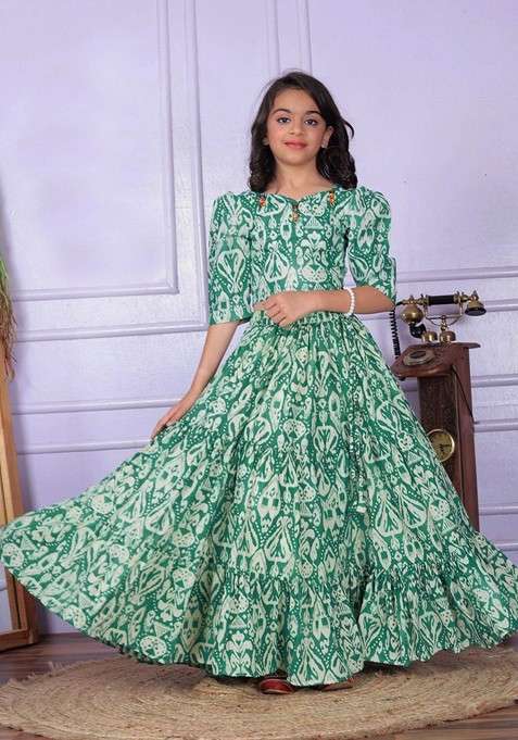 Green Printed Cotton Blend Lehenga Choli For Girls