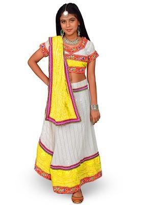 Yellow Printed Cotton Blend Lehenga Choli For Girls