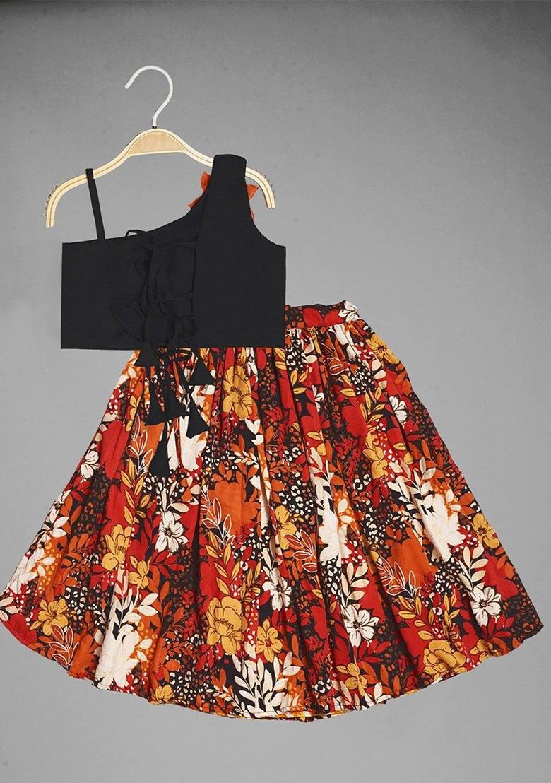 Orange Embroidered Blended Lehenga Choli For Girls - Indya