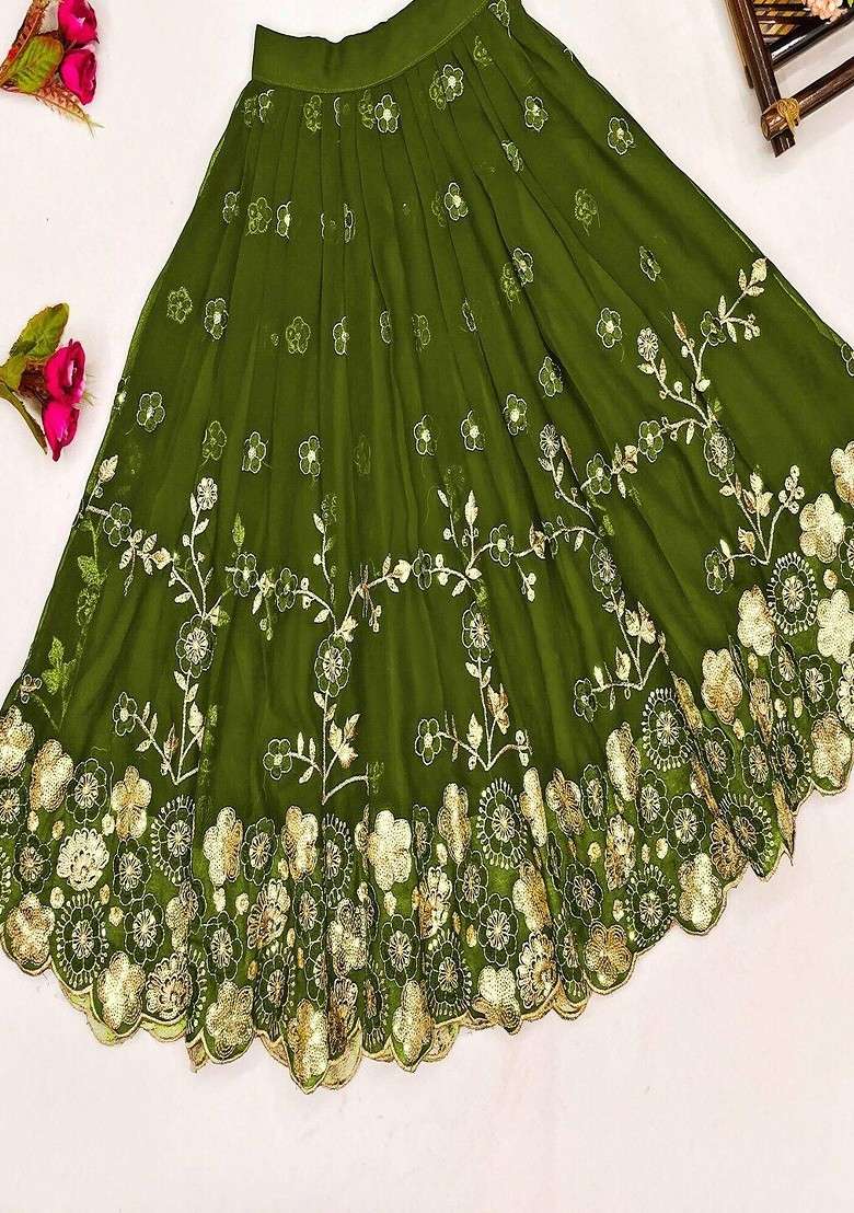 Olive Embroidered Georgette Lehenga Choli For Girls - Indya