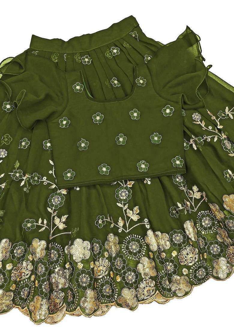 Olive Embroidered Georgette Lehenga Choli For Girls - Indya