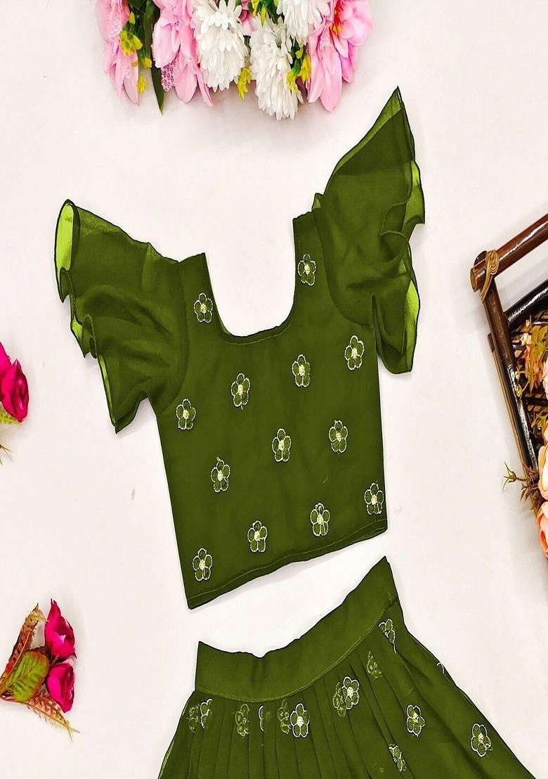 Olive Embroidered Georgette Lehenga Choli For Girls - Indya