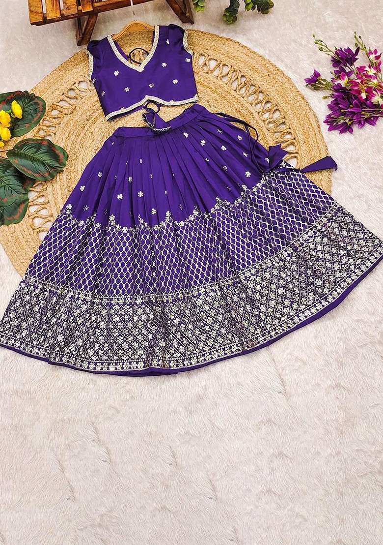Lavender Embellished Blended Lehenga Choli For Girls - Indya