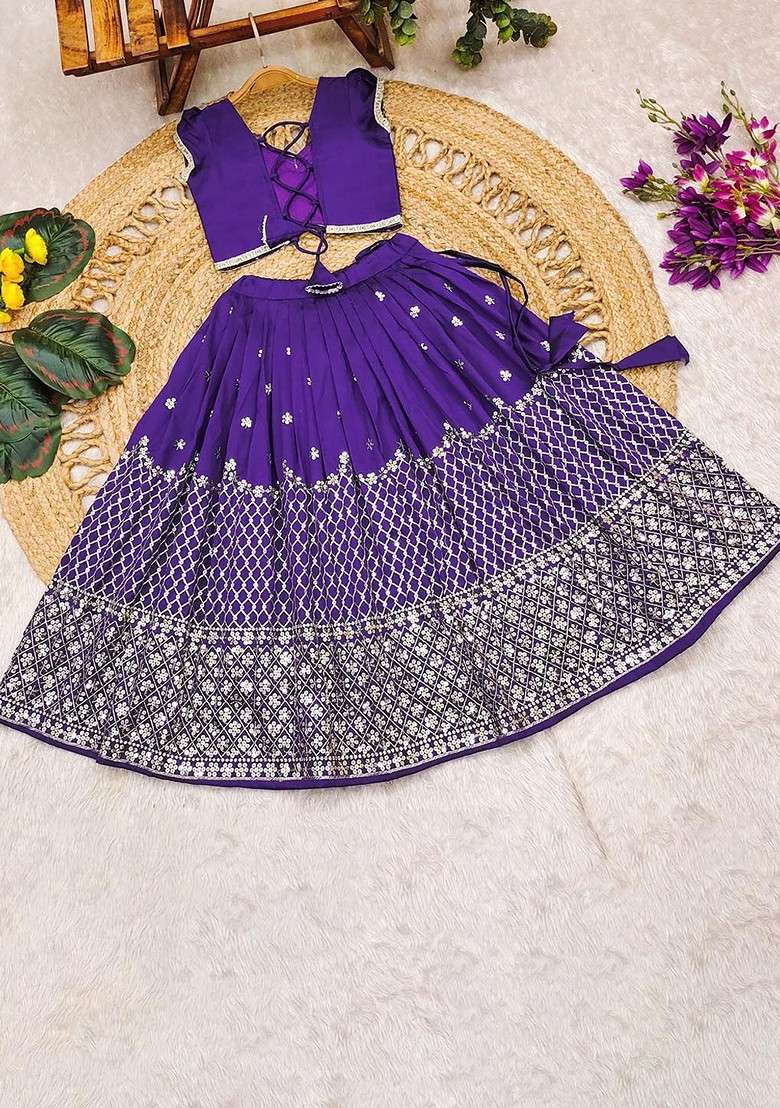Lavender Embellished Blended Lehenga Choli For Girls - Indya