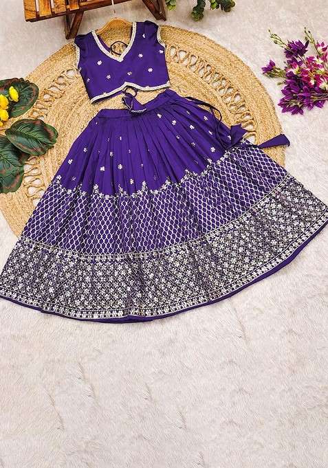 Lavender Embellished Blended Lehenga Choli For Girls