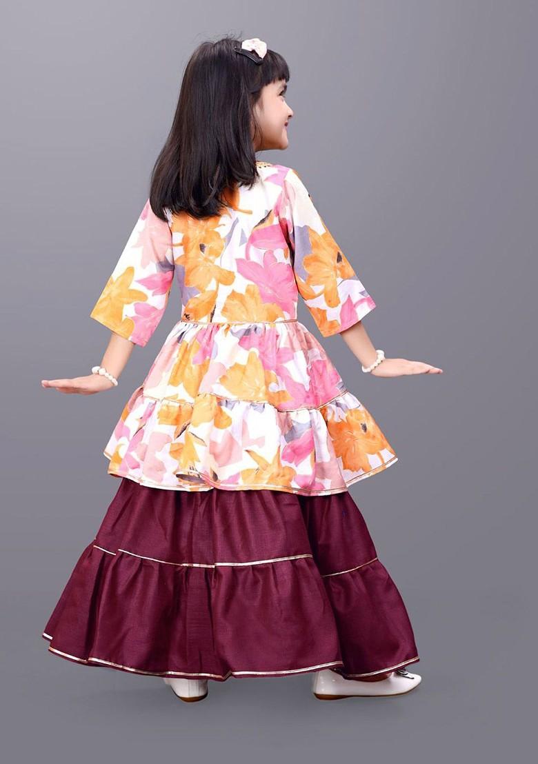 Maroon Printed Cotton Blend Lehenga Choli For Girls - Indya