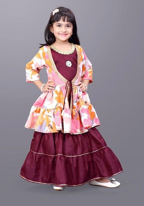 Maroon Printed Cotton Blend Lehenga Choli For Girls — view on Indya