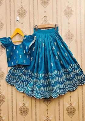Teal Embroidered Blended Lehenga Choli For Girls
