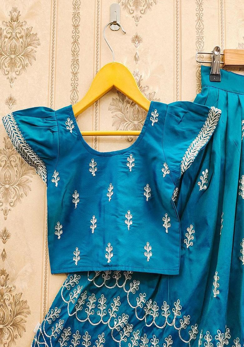 Teal Embroidered Blended Lehenga Choli For Girls - Indya