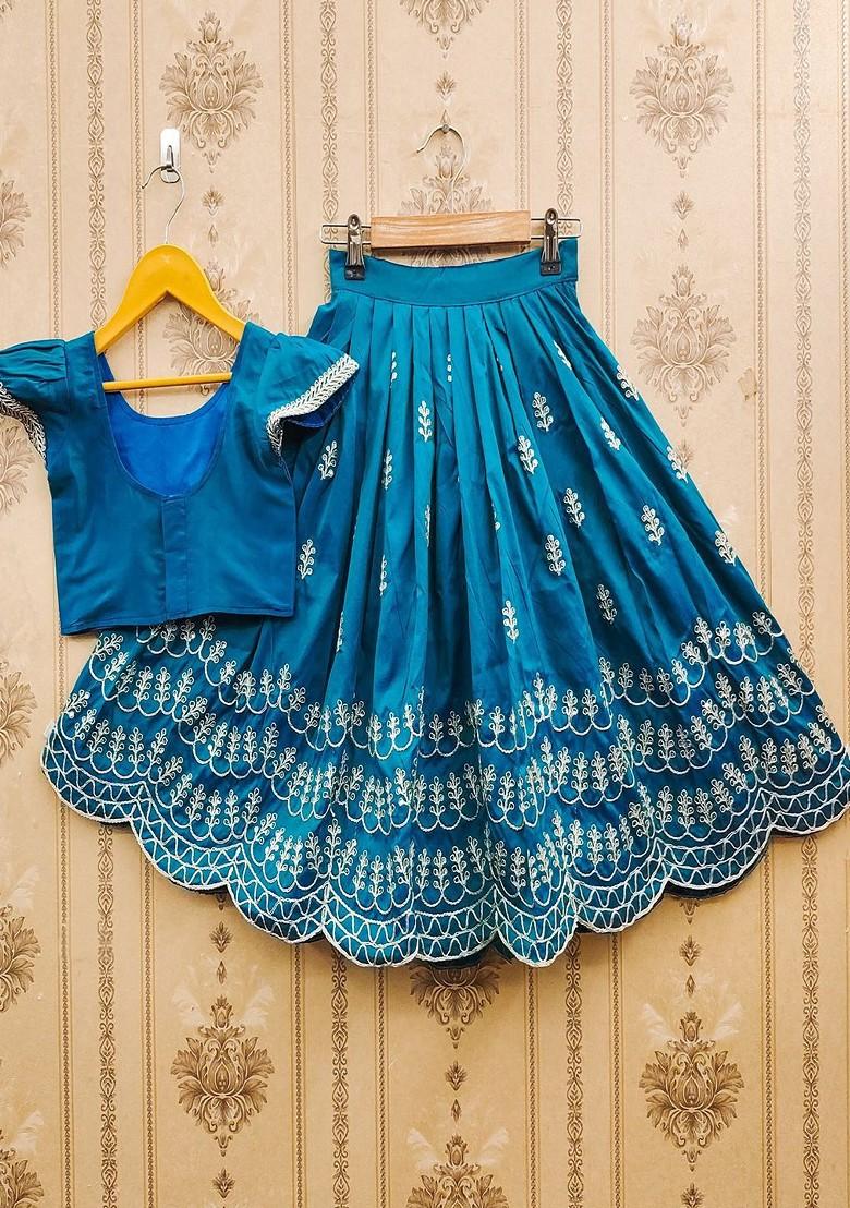 Teal Embroidered Blended Lehenga Choli For Girls - Indya
