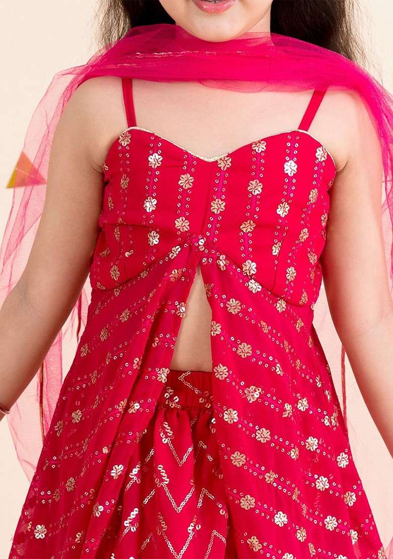 Magenta Embellished Blended Lehenga Choli For Girls - Indya